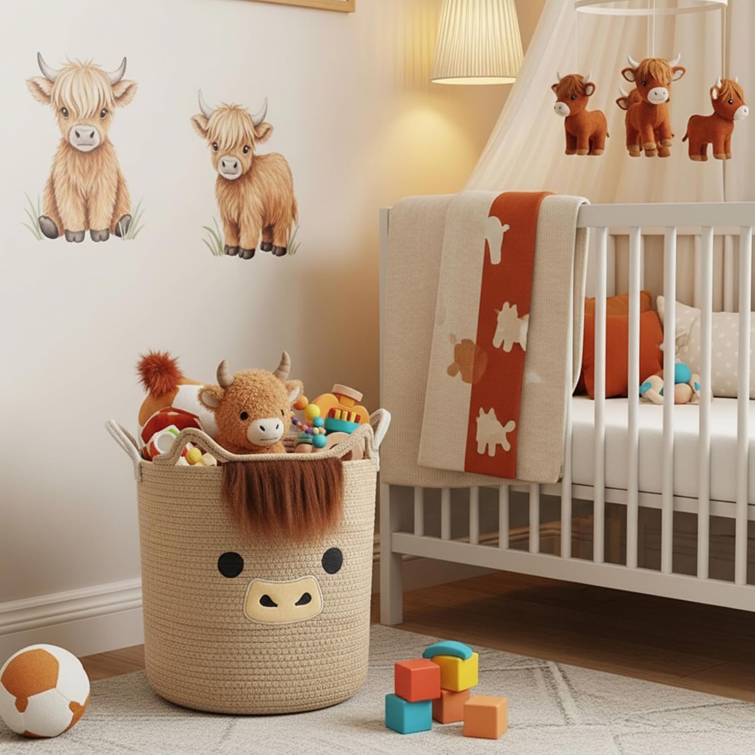 AceOrbit Highland Cute Cow Basket for Nursery, Big Shower Gift Basket, Round Woven Rope Cotton Storage with Ears Handles, Baby Blanket Towel Decor Storage Organizer Bins, 12"L x 12"W x 14"H