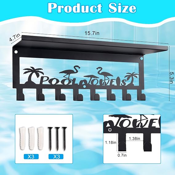 Pool Towel Rack Outdoor with Hooks - 15.7 x 5.3 Flamingo Towel Holder with Shelf 8 Hooks for Outside, Towels Drying Storage and Organization, Hot Tub Accessories Beach Poolside Bathroom Decor, Black