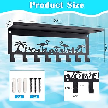 Pool Towel Rack Outdoor with Hooks - 15.7 x 5.3 Flamingo Towel Holder with Shelf 8 Hooks for Outside, Towels Drying Storage and Organization, Hot Tub Accessories Beach Poolside Bathroom Decor, Black