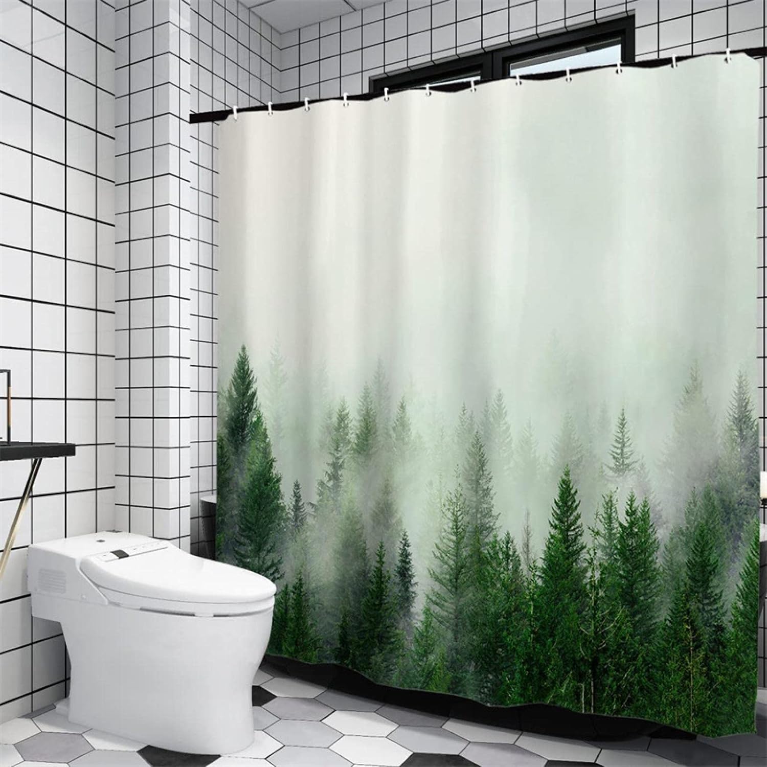 Misty Forest Green Shower Curtain Print Tree Extra Long Shower Curtain Liner Bath Curtain with Hooks Shower Curtain for Bathroom 69x74in-174x188cm/WxH