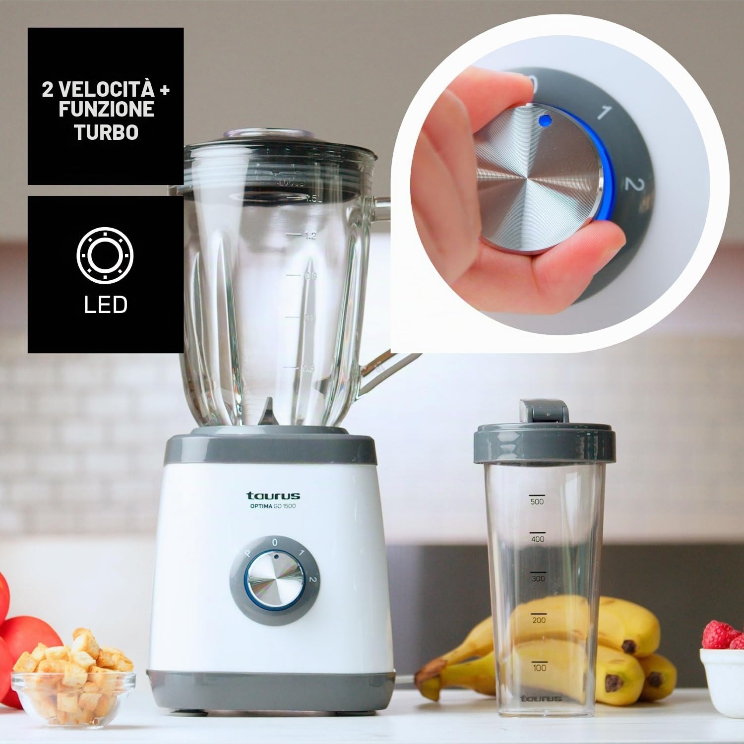 Taurus - Frullatore a Bicchiere Optima Go 1500W | Bicchiere Portatile 500ml | Lame a 4 Fili | 2 Velocità + Turbo | Acciaio Inossidabile | Antiscivolo | Sistema di Sicurezza