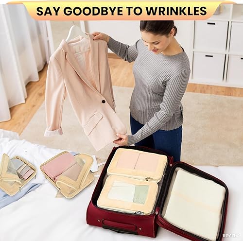 Miniatura 5 de Juego de 4 cubos de compresión para maletas, cubos de embalaje de malla comprimible para viajes, mujeres, organizadores de embalaje ultraligeros