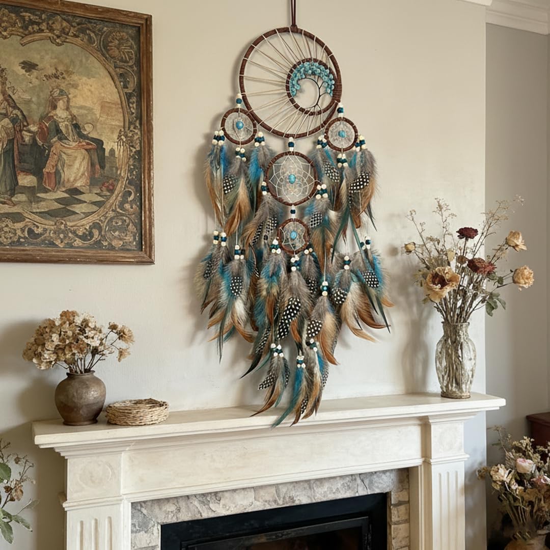 Handmade Large Dreamcatcher wall Decoration, a 5-Ring Bohemian Dreamcatcher with Turquoise Feathers, Bohemian-Style Room Decor, and a Gift for bedrooms and Nurseries.