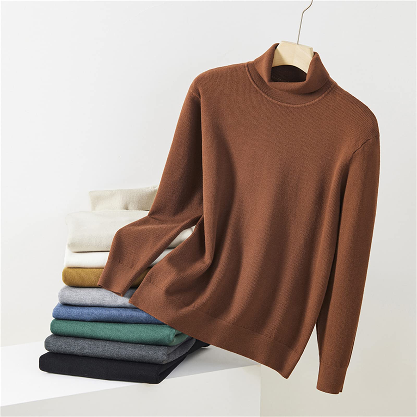 Męski ciepły sweter z golfem solidny modny sweter na co dzień gruby sweter, Brązowy, XL