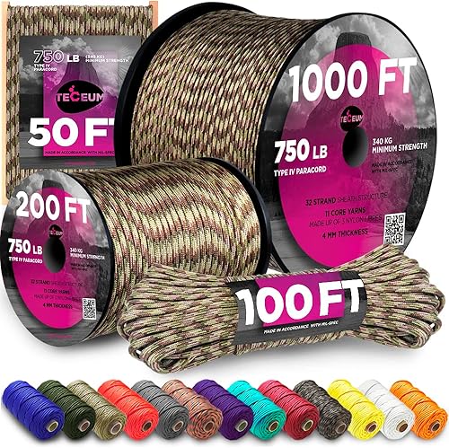 TECEUM Cuerda de paracaídas tipo IV 750 libras 100% nailon MIL-SPEC  50 pies 100 pies 200 pies y 1000 pies en más de 20 colores  Cuerda táctica de