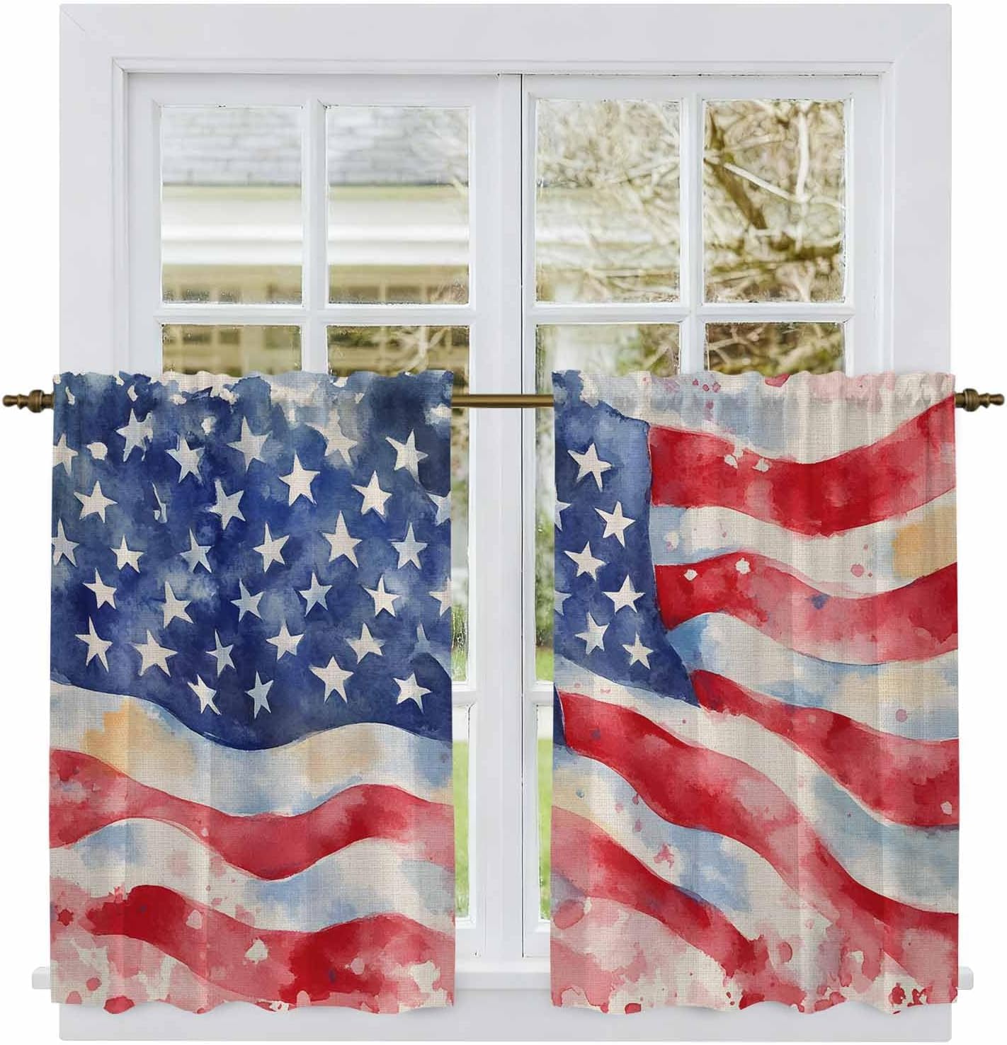 American Flag Tier Curtains, Abstract Oil Painting Farmhouse USA Flag Light Filtering Kitchen Curtains, 2Pcs Rod Pocket Half Window Treatments Panels for Sink Cafe Cabinet Basement 27.5x45 Inches