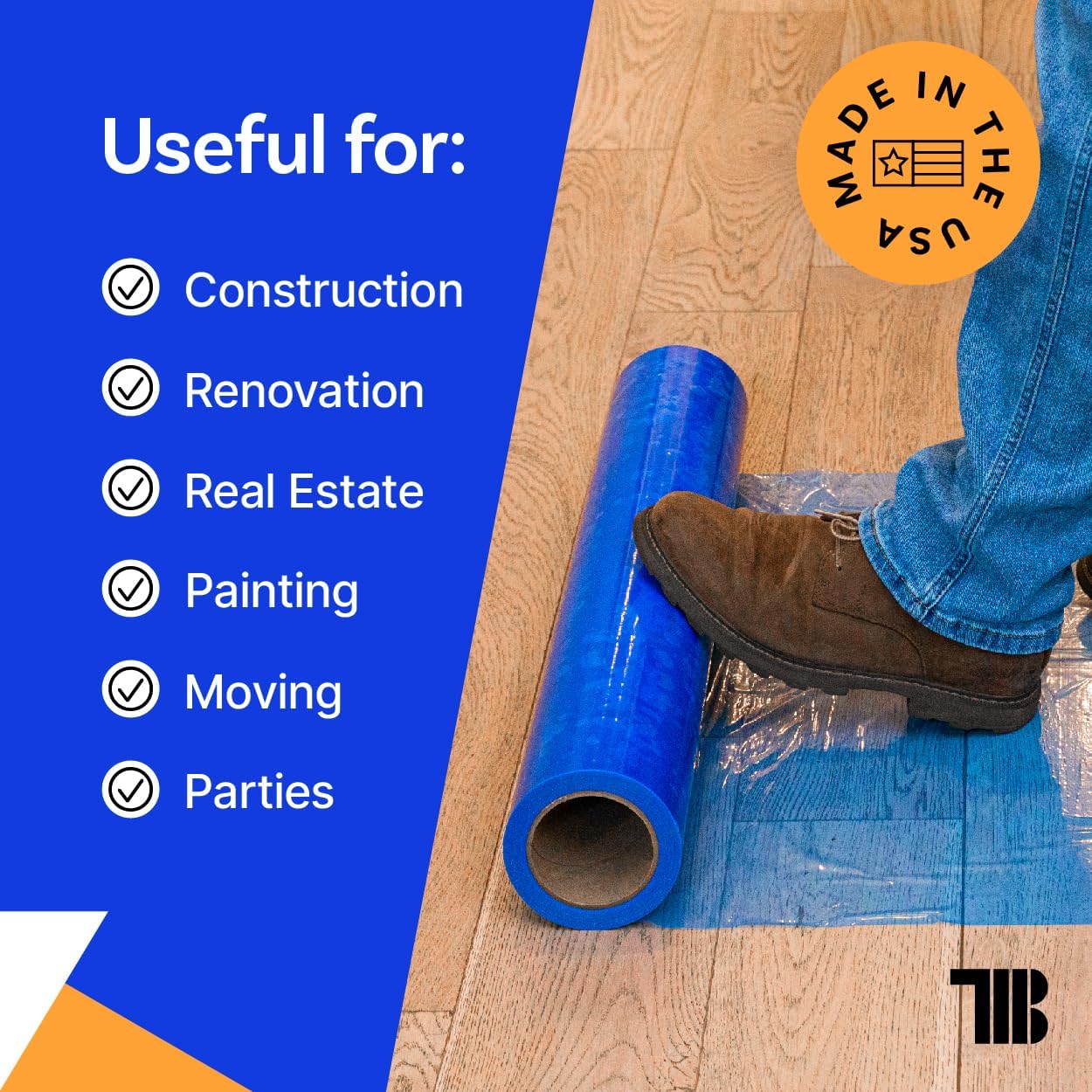 Floor Protection Film, 48 inch x 500' roll, Made in USA, Blue Self Adhesive Floor Protector for Moving and Construction, Temporary Covering for Protection of Hardwood, Tile, Hard Surfaces