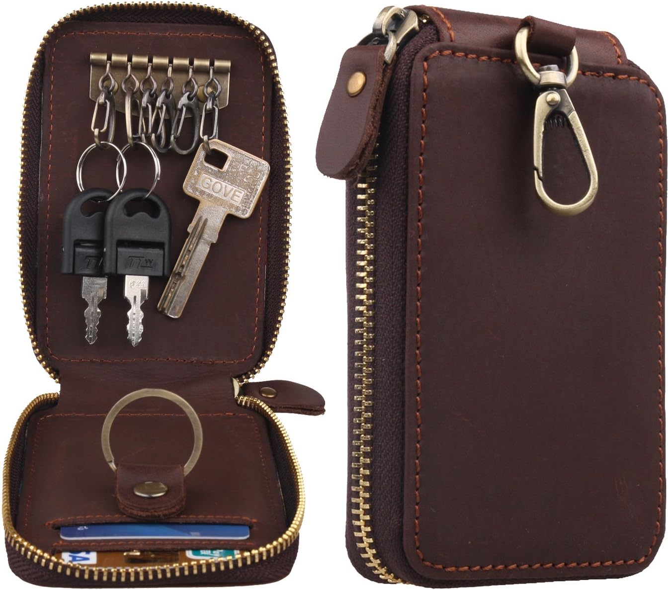 Polare Vintage Real Leather Handmade Zipper Key Pouch Case Clip Hook Wallet