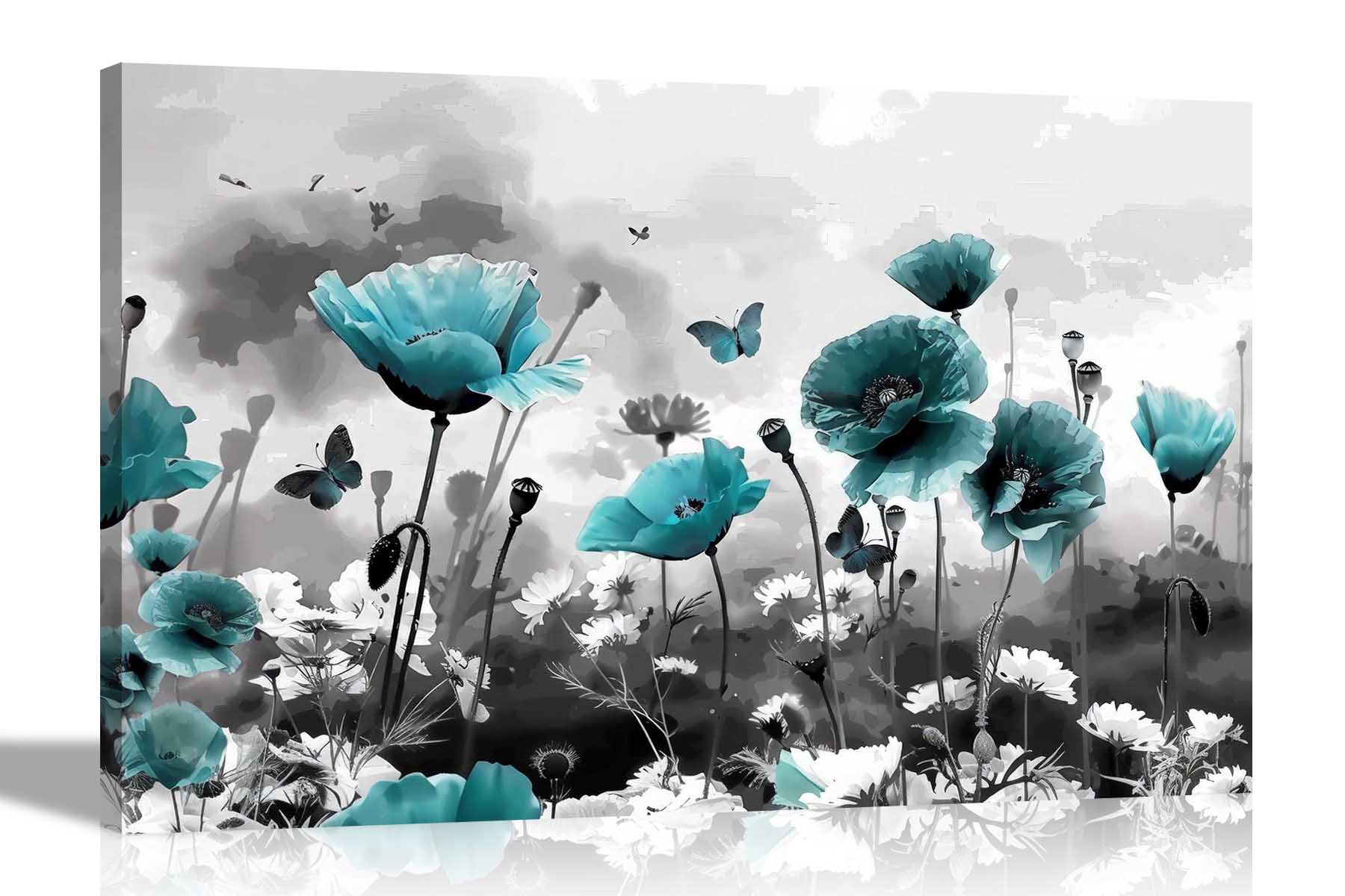 Artley Prints Teal Poppy Flowers - Abstract And Butterflies Canvas Wall Art Pictures Living Room Prints Bedroom Hallway Decor Artwork 76 X 50Cm (30 X 20 Inches)