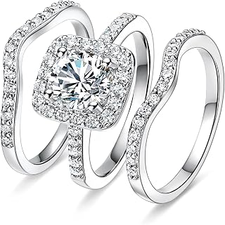 18K White Silver Plated Cubic Zirconia Ring for Women Stunning Three-in-One Halo Design for Engagement Jewelry for Brides Gift for Her