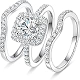 18K White Silver Plated Cubic Zirconia Ring for Women Stunning Three-in-One Halo Design for Engagement Jewelry for Brides Gift for Her