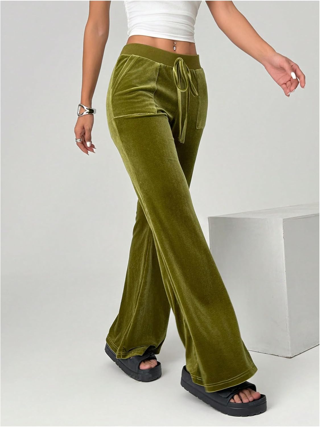 SOLY HUX Women's Drawstring Waist Bell Bottom Velvet Pants Y2k Vintage Flare Leg Trousers - Image 5