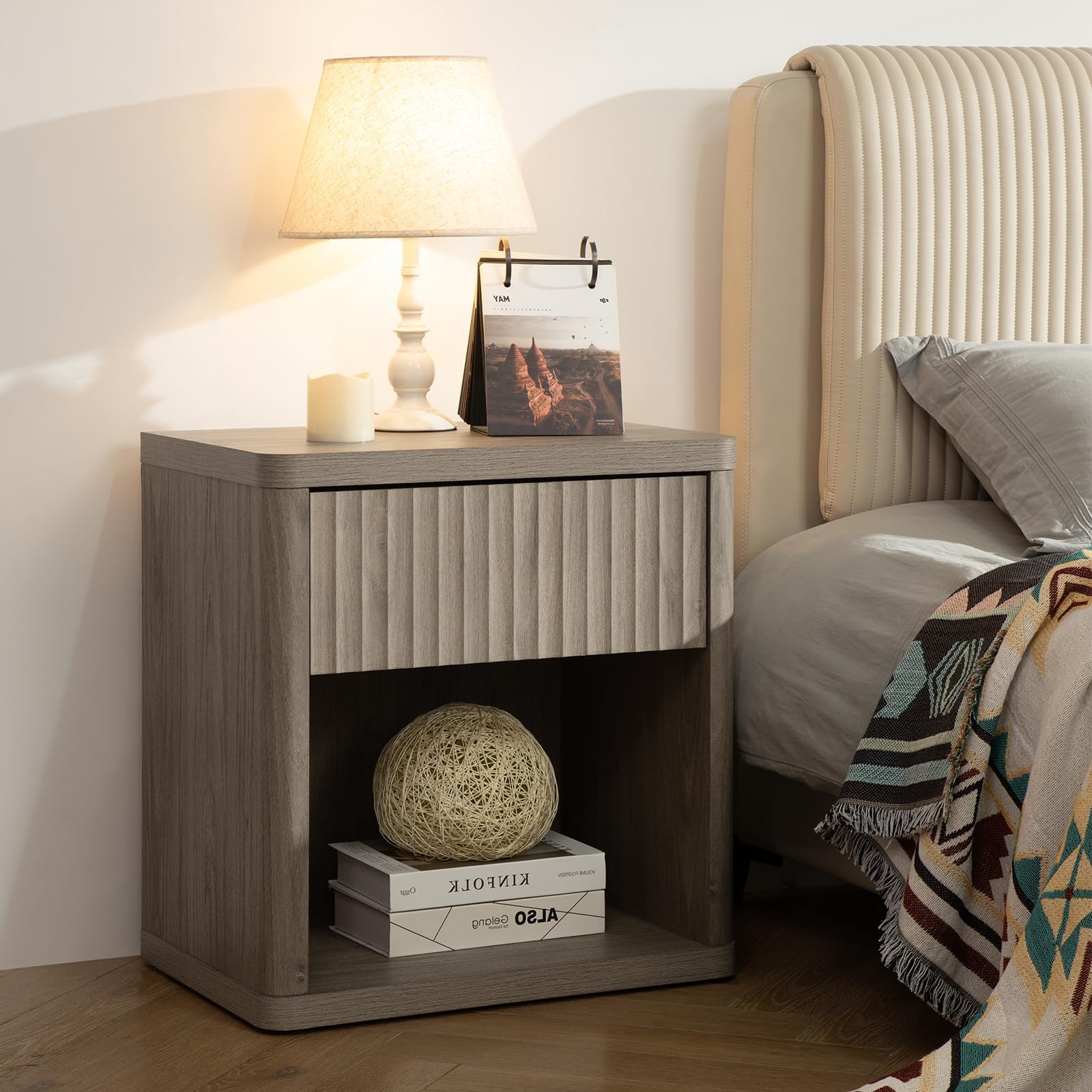 SICOTAS Night Stand Nightstand with Drawer Storage Fluted Bed Side Table End Table Large Modern Wide Bedside Stand Mid Century Night Stands for Bedroom Living Room Sofa Couch Home Office, Grey Alder