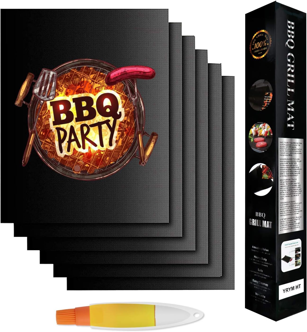 YRYM HT Grill Mat - 6 Set BBQ Grill Mats 100% Non Stick Black Grill Mats - Reusable & Easy to Clean