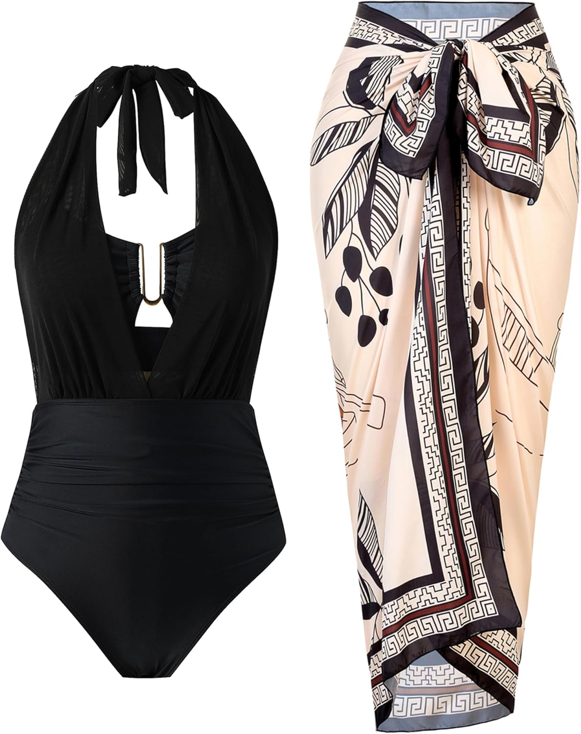 One Piece Mesh Swimsuit for Women with Cover up Retro high Waisted Bikini Set Plunge Bathing Suit