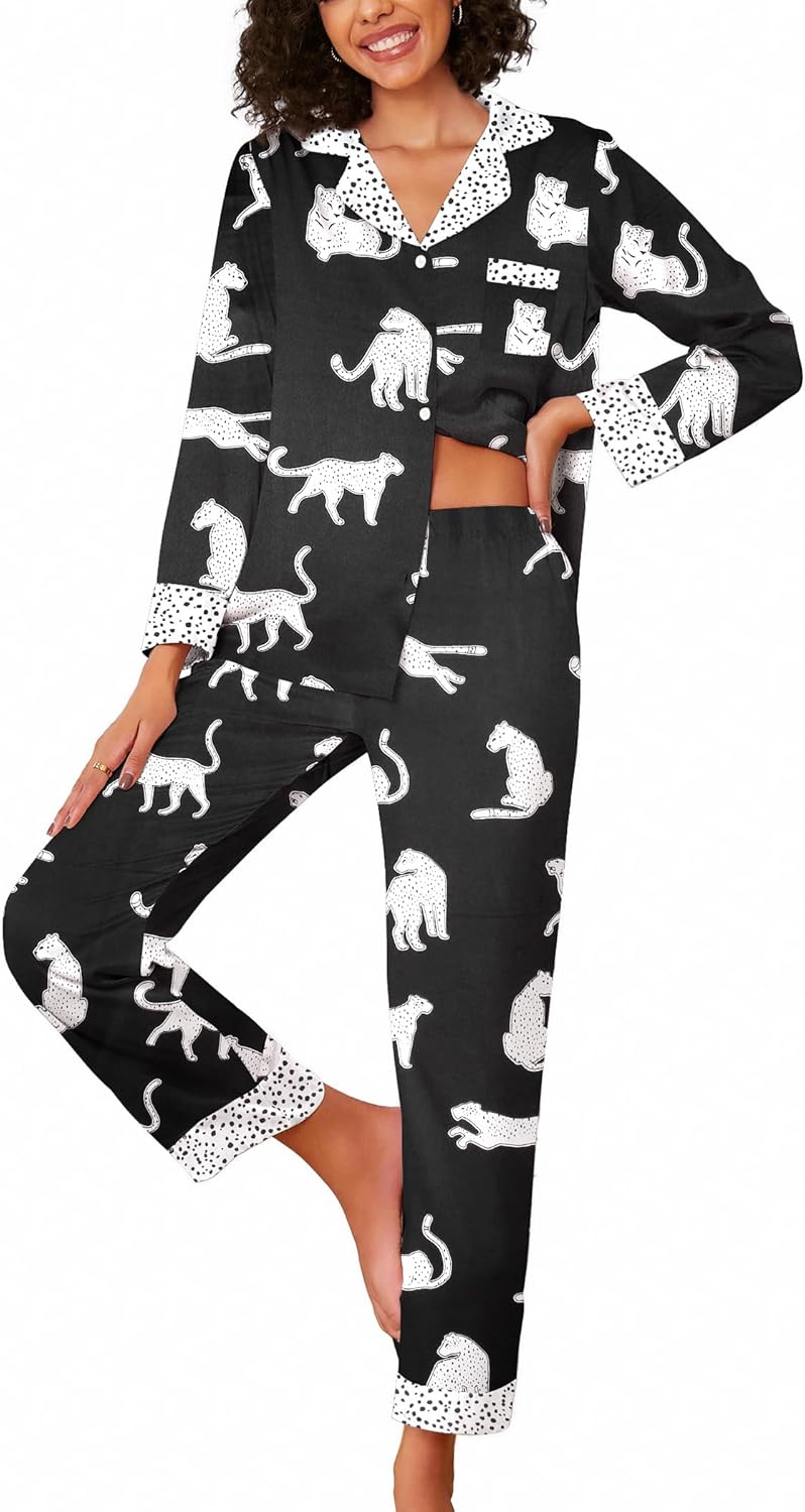 Ekouaer Silk Pajamas for Women Long Sleeve Satin Pajama Set Striped Leopard Print Pj Sets Button Down Loungewear Sleepwear