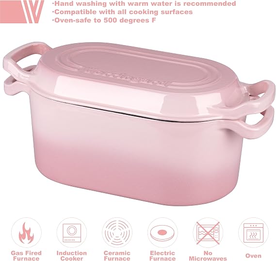 VORRINGARD Oval Dutch Oven Pot with Lid, Enamel Coating Cast Iron Bread Pans for Homemade Sourdough Bread Baking, Cooking, 4 Quart, Pink