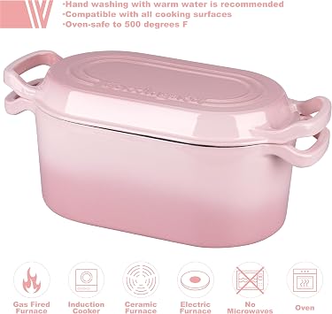 VORRINGARD Oval Dutch Oven Pot with Lid, Enamel Coating Cast Iron Bread Pans for Homemade Sourdough Bread Baking, Cooking, 4 Quart, Pink