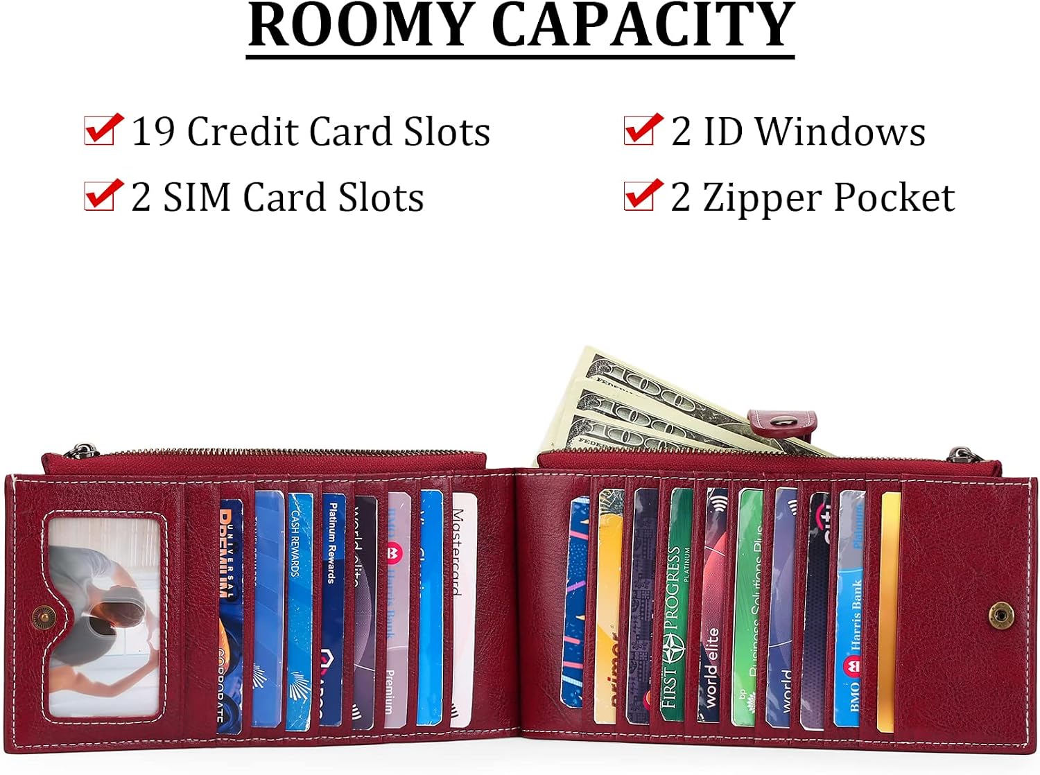GOIACII Womens Walllet RFID Blocking Genuine Leather Bifold Credit Card Holder with 2 Zipper Pockets Wine Red