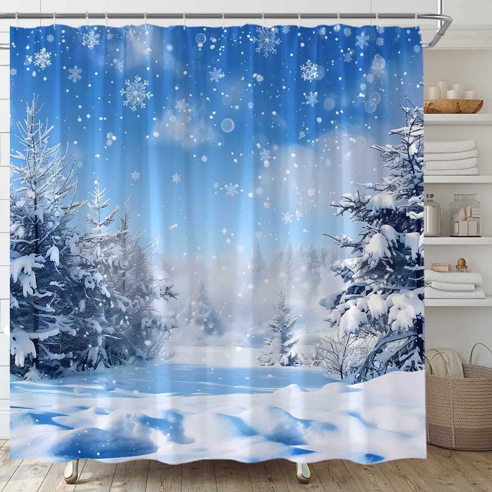 AMFD Winter Forest Shower Curtain Christmas Pine Tree Snowflake Bokeh Snow Scene Nature Bathroom Curtains Decor Fabric Set Include Hooks,(70" Wx84 H)