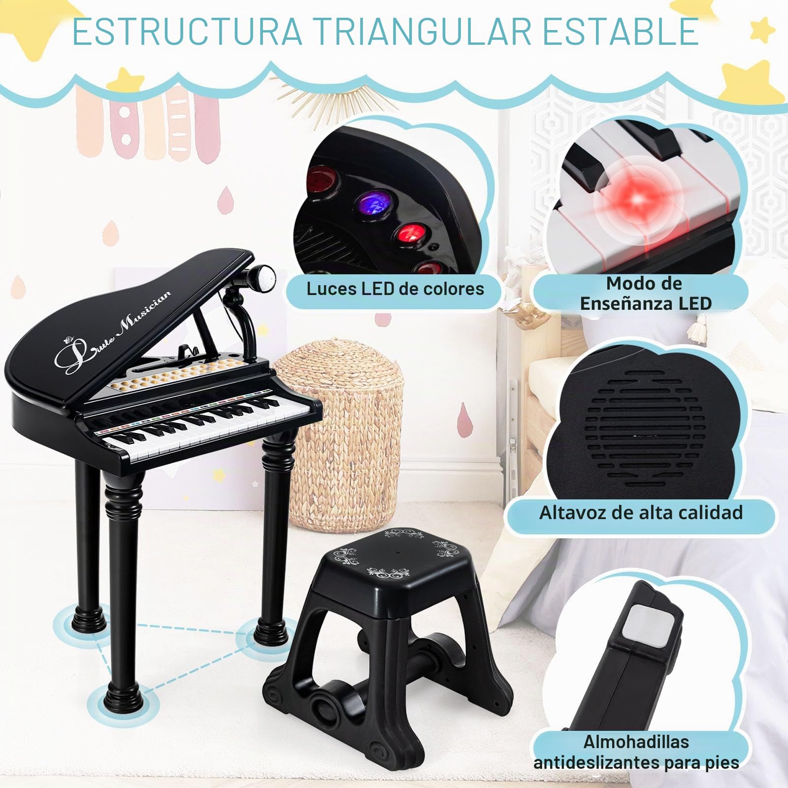 RELAX4LIFE Piano para niños con 31 teclas y taburete, teclado piano electrónico con micrófono ajustable, juguete musical regalo para niños a partir de 3 años (negro)