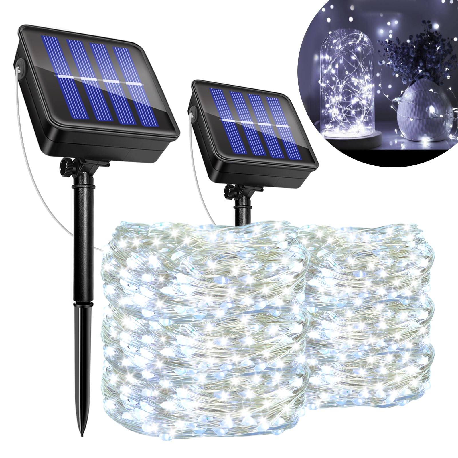 2 Pack Guirnaldas Luces Exterior Solar, 12M 120 LED Luces Solares Jardín, 8 Modos, IP65 Impermeables, Cadena de Luce Decoracion para Terraza, Fiestas, Bodas, Patio, Árbol, Jardines(Blanco Frío)