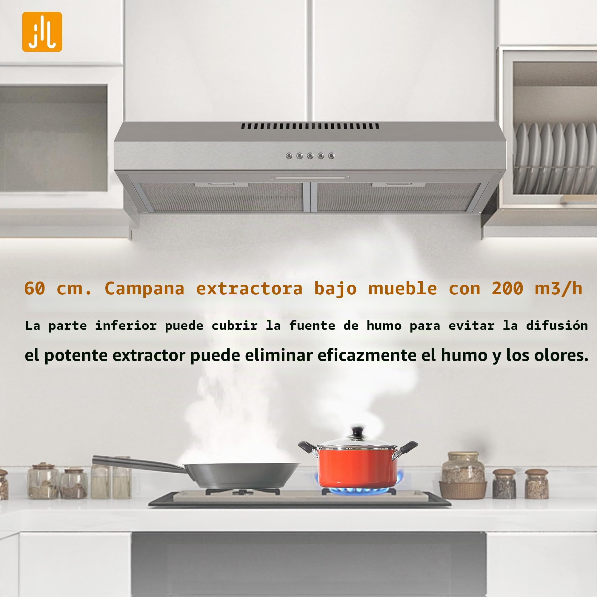 FIREGAS Campana extractora inferior de 60 cm, 3 niveles, campana de escape/recirculación, iluminación LED, incluye filtro de carbón activado, plata