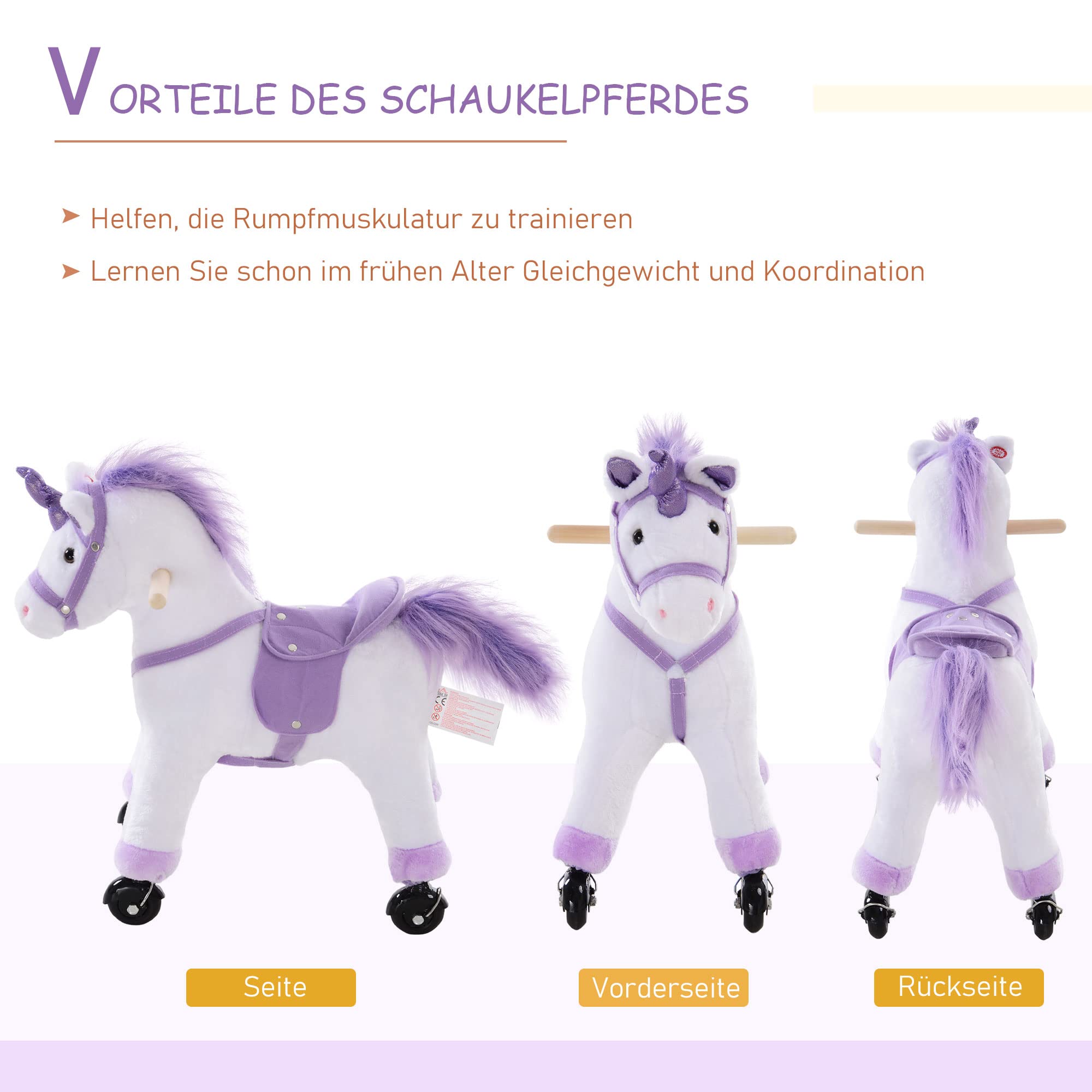 HOMCOM Reitpferd auf Rollen 60 cm Stehpferd mit Sattel, Sound Spielpferd zum Reiten Draufsitzen Schaukeltier Plüsch Pferd für Kinder ab 3 Jahre, Schaukelpferd Indoor Outdoor Lila