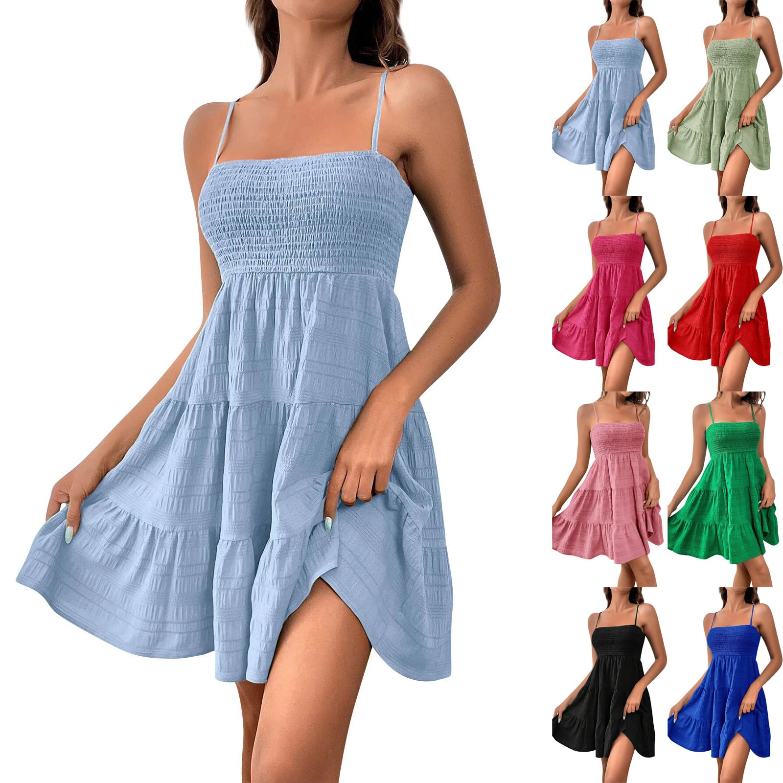 Women Summer Dresses Square Neck Spaghetti Strap Dress Casual Sleeveless Smocked Sundress A Line Tiered Beach Dress