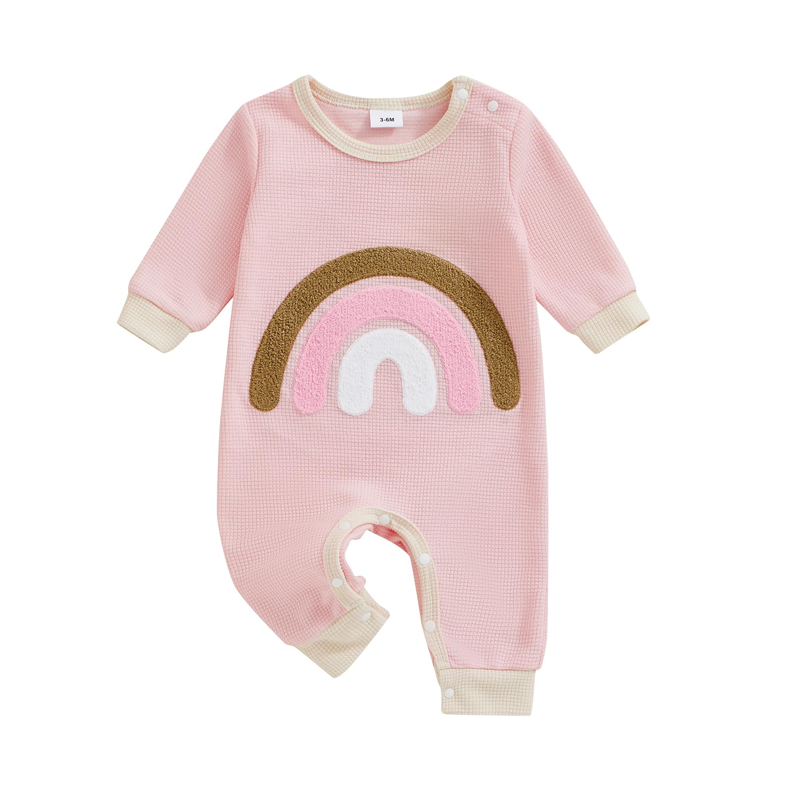 Newborn Baby Girl Clothes Fall Winter Long Sleeve Footie Romper Waffle Ruffle Zipper Jumpsuit Coming Home Outfit (D Rainbow Pink,0-3 Months)