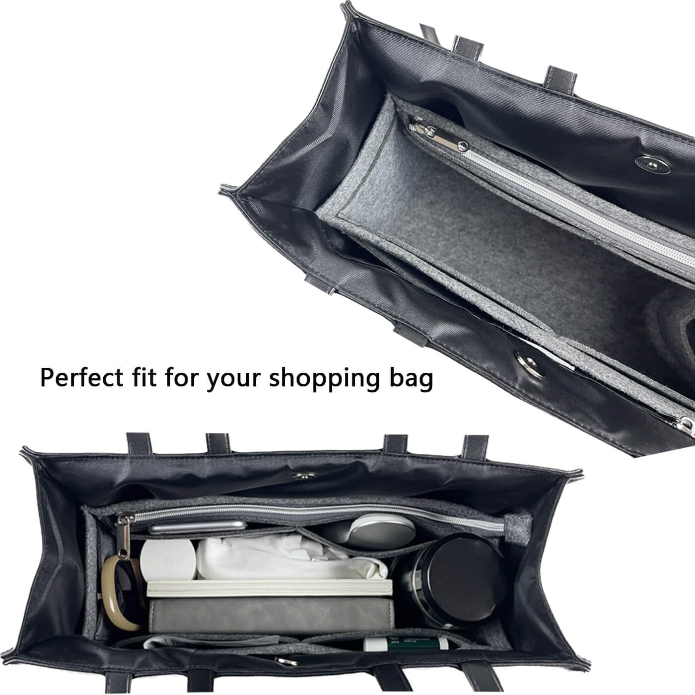 Purse Organizer Compatible with Telfar Bag Medium, Tote Bags Organizer Insert with Silver Zipper Pouch, 3MM Premium Felt Insert for Handbag, Sturdy and Durable (For Telfar Medium Shopping Bag, Beige) - Image 4