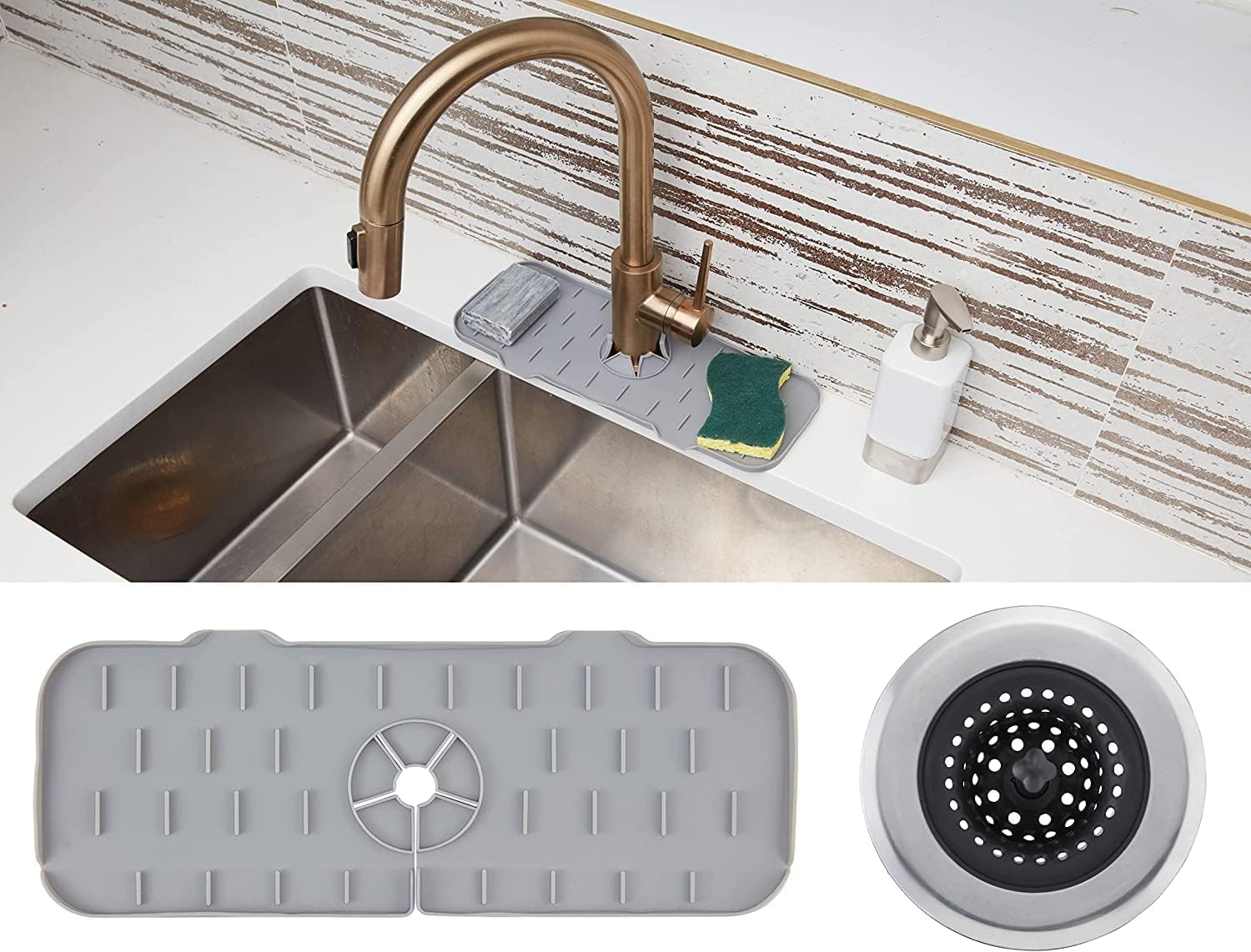 Urban EssentialsUrban Essentials Kitchen Sink Splashguard Drip Protector Bathroom Faucet Mat Soap and Sponge Holder Silicone Sink Protector 3 IN 1 + FREE Stainless Steel Sink Strainer (Light Gray)