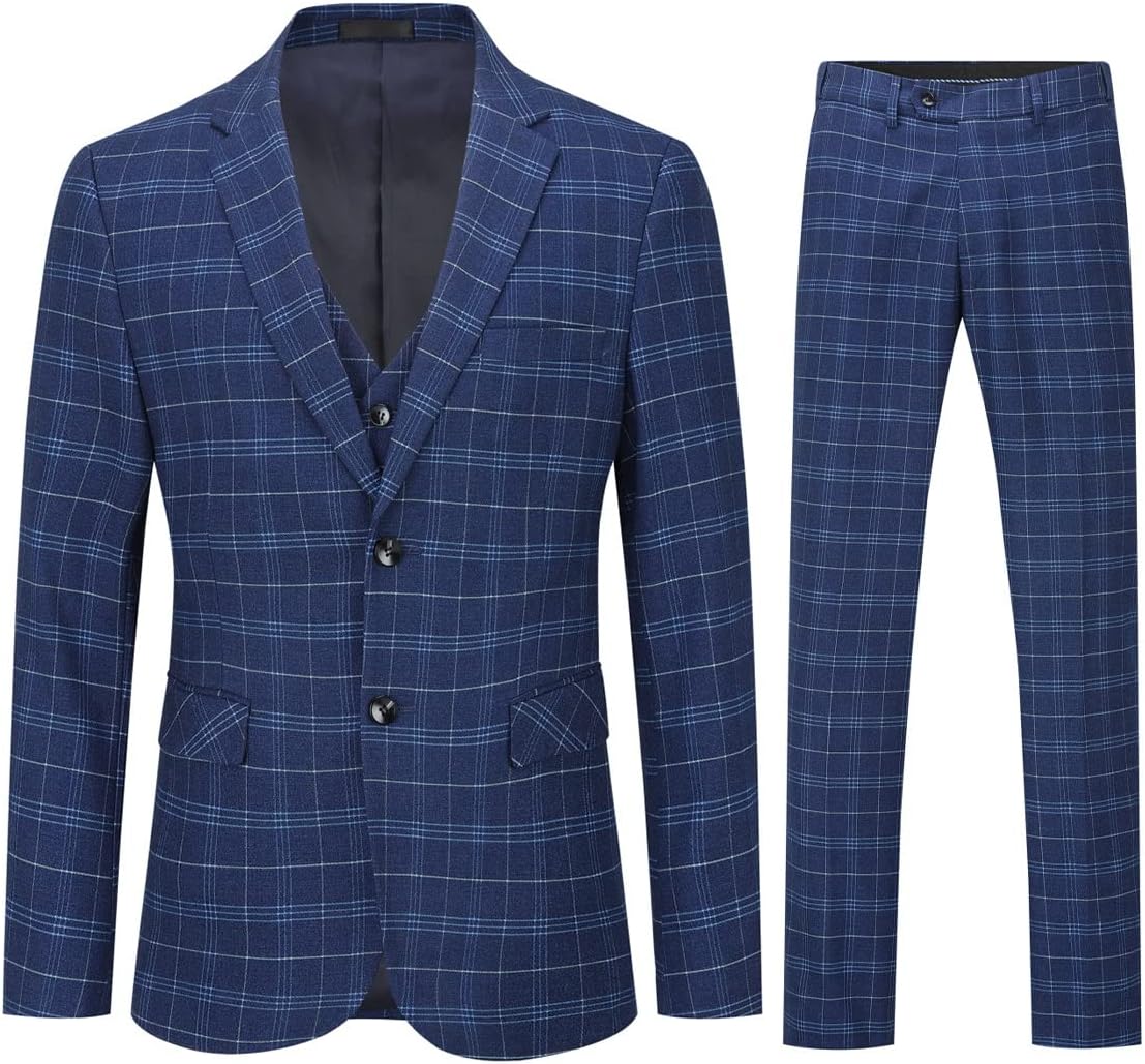 CloudstyleMens 3 Piece Slim fit Checked Suit Blue/Black Single Breasted Vintage Suits
