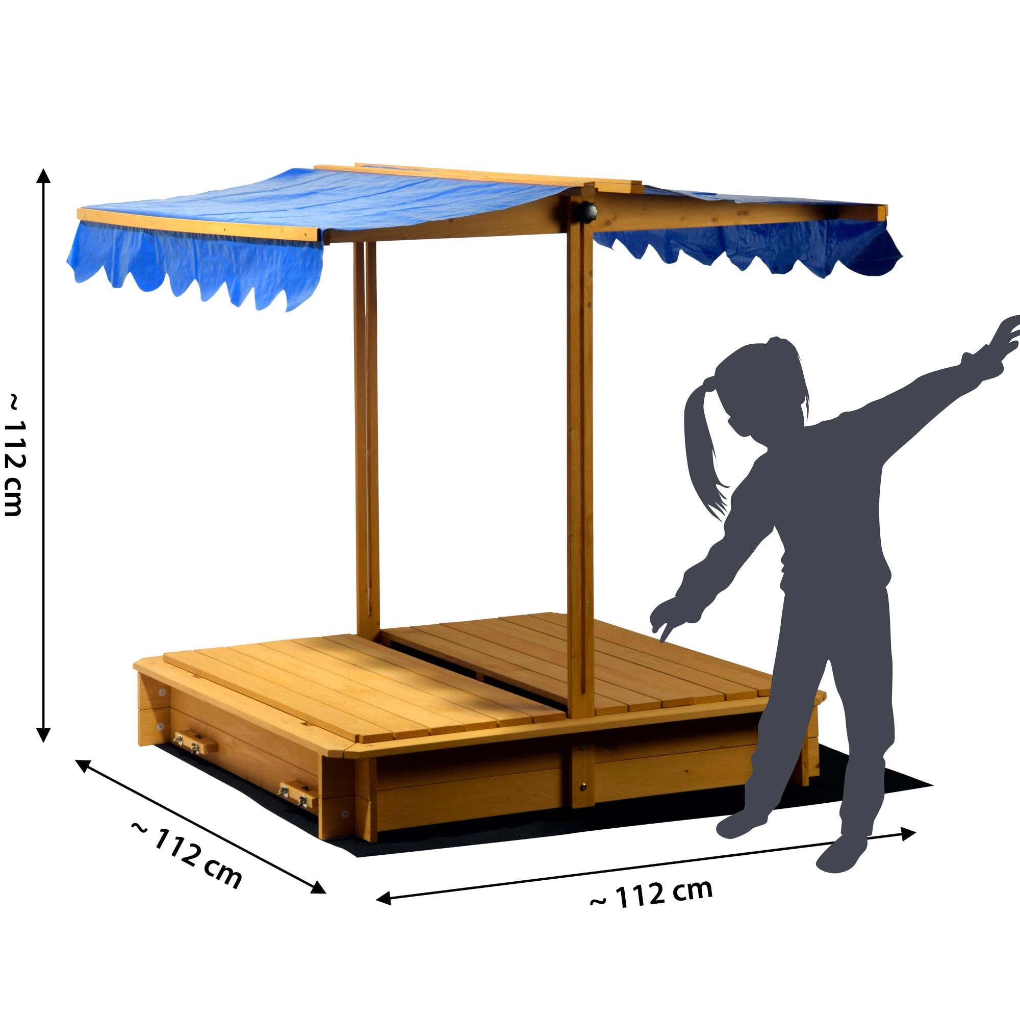 dobar 94357FSC bac à Sable avec Toit à Bascule, bancs, bâche au Sol, bac à Sable verrouillable en Bois pour Enfants, 120 x 120 cm, Marron Clair