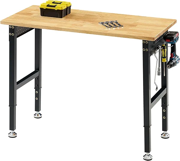 Albott 44x20 in Adjustable Workbench with Power Outlets, 2000 LBs Heavy Duty Wood Workbench with Hooks, Solid Rubber Wood Top for Garage, Workshop, Woodworking, Home Office