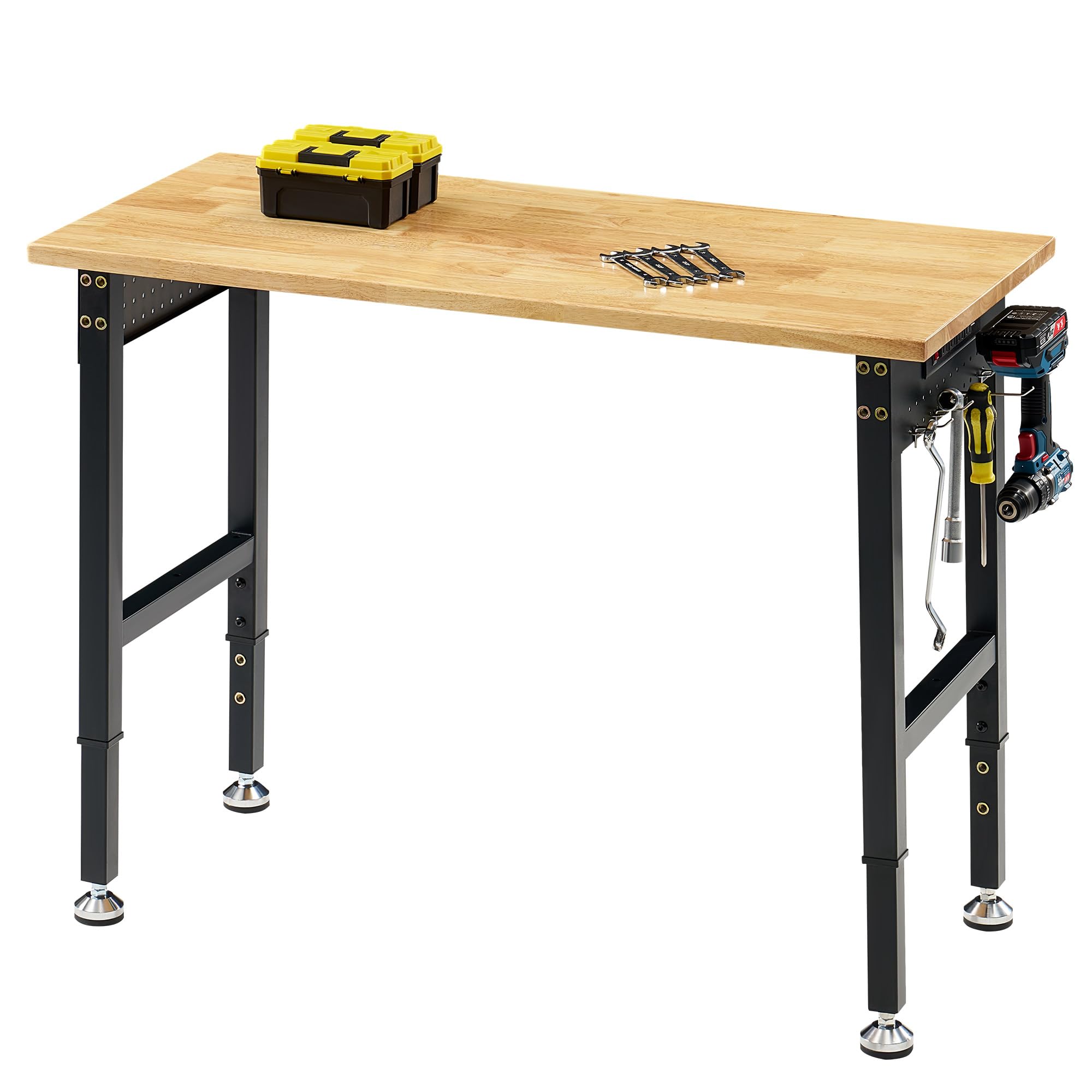 Albott 44x20 in Adjustable Workbench with Power Outlets, 2000 LBs Heavy Duty Wood Workbench with Hooks, Solid Rubber Wood Top for Garage, Workshop,