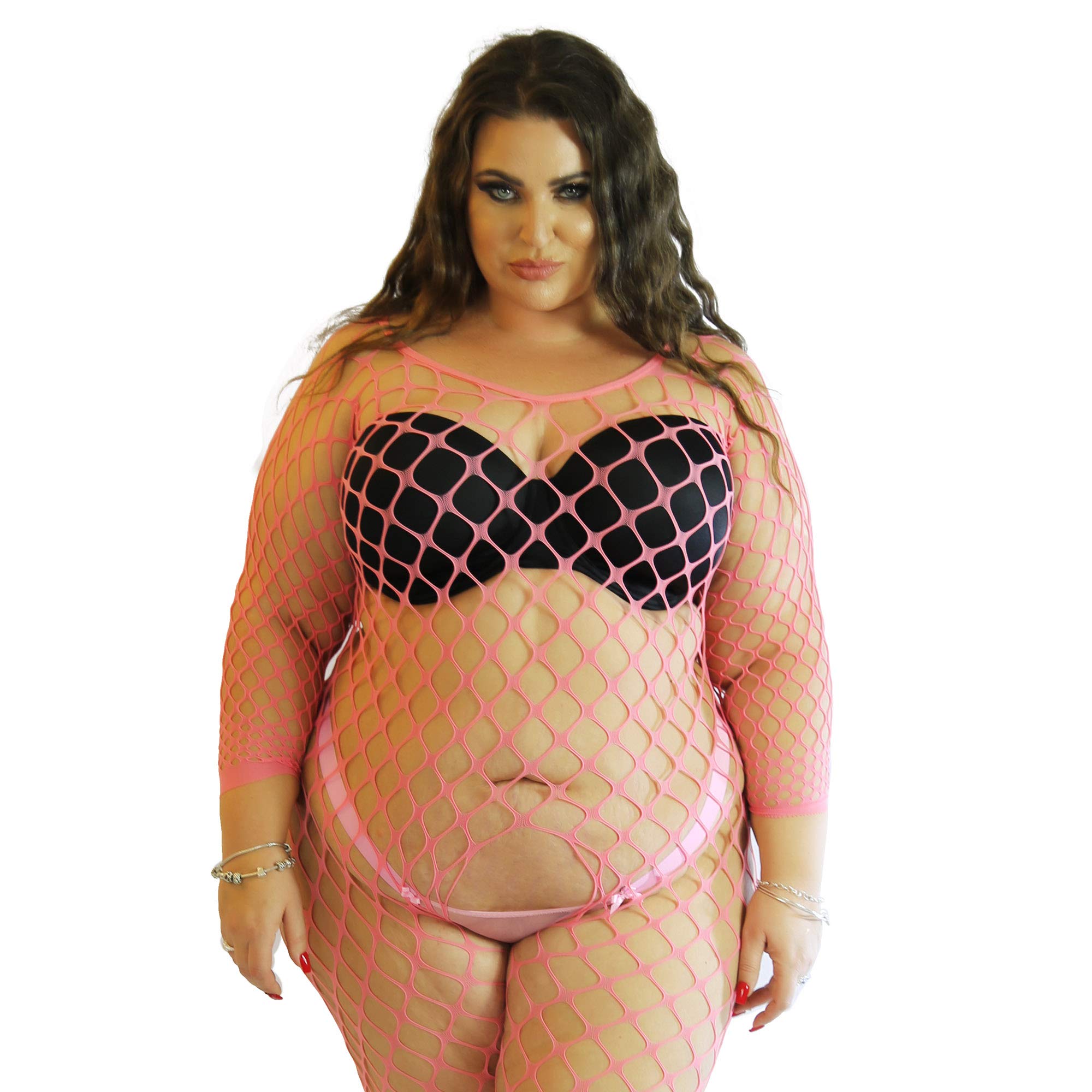 PRINCESS LACE BOUTIQUE Wide Net Sleeve Bodystocking Bodysuit Baselayer Plus BBW (Cherry Pink)