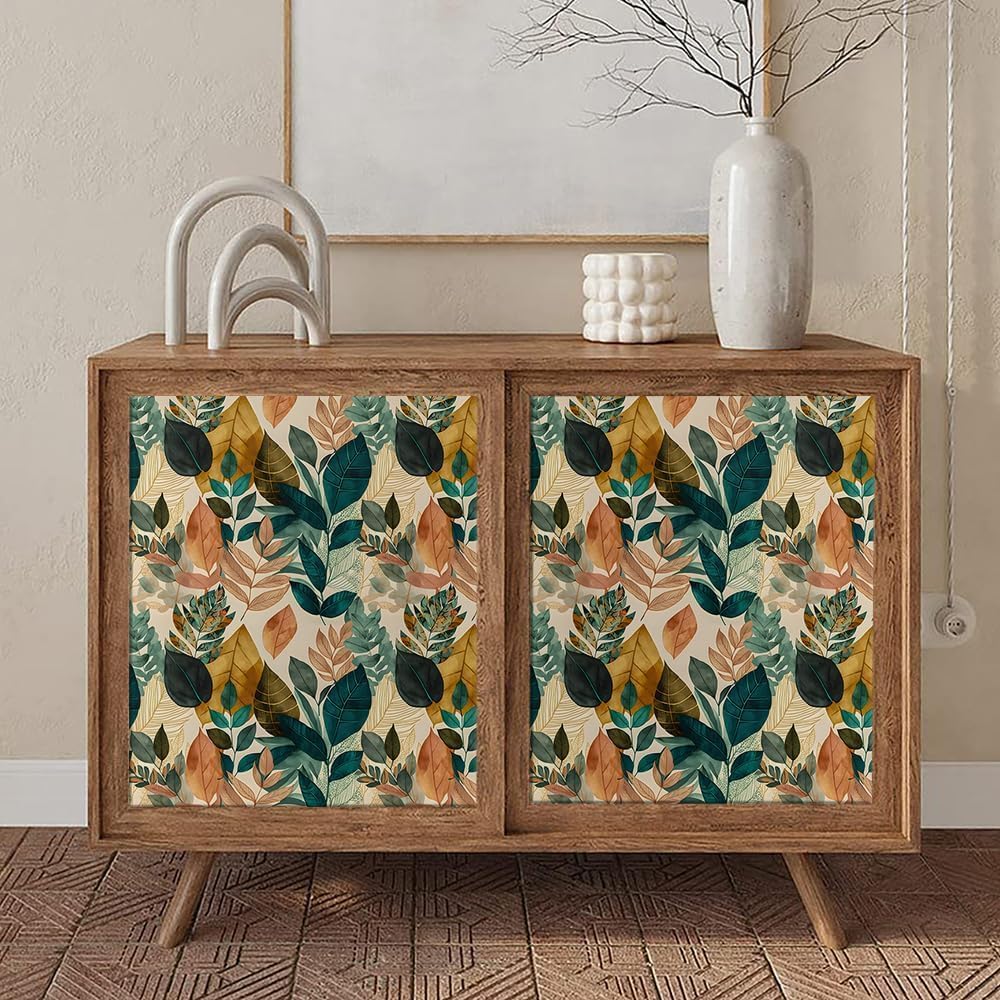 MuralPeel Brown Yellow Green Jade Leaf Vintage Plant Boho Peel and Stick Wallpaper Self Adhesive Removable Easy Peel Off Stick on Wall Paper for Bedroom Cabinet Renter