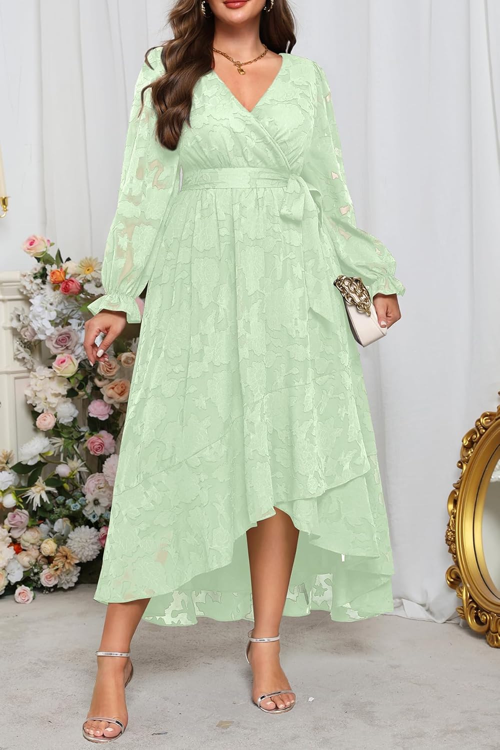 Plus Size Dresses Wedding Guest - Fall Semi Formal Floral Long Sleeve Wrap V Neck High Low Maxi Dress with Belt Women - Image 3