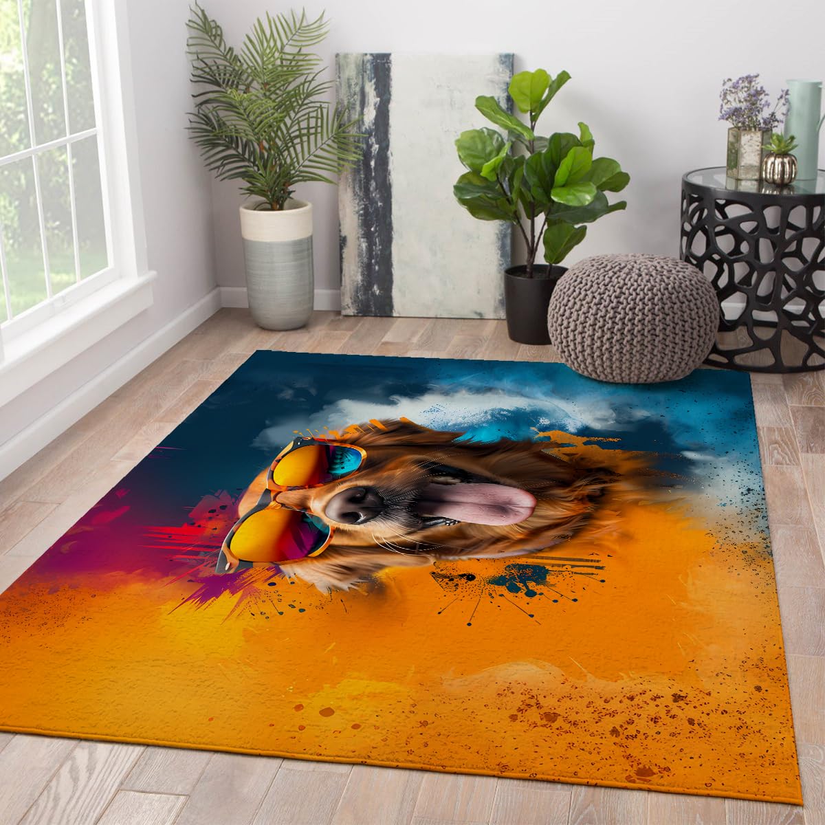 Żywy dywan kuchenny dla psa, 140 x 200 cm, szczęśliwe zwierzę domowe z okularami przeciwsłonecznymi, mata podłogowa, nowoczesna dekoracja mieszkania, nadaje się do prania, antypoślizgowy