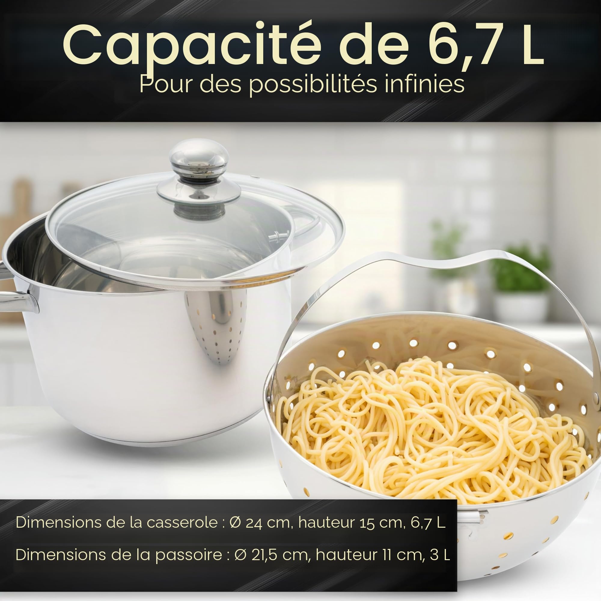 BEYOND Casserole à Pâtes 24 cm Acier Inoxydable - Couvercle en Verre, Passoire Amovible, Compatible Induction, Cuiseur Multifonction, Faitout avec Égouttoir Intégré