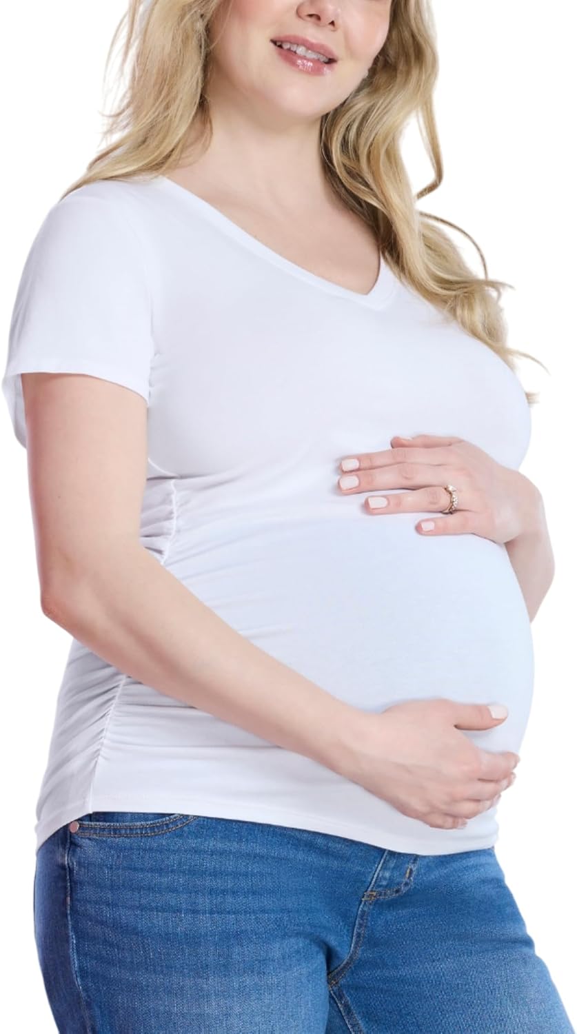 Motherhood Maternity Women's Short Sleeve Side Ruched V-Neck Pregnancy Tee Shirt