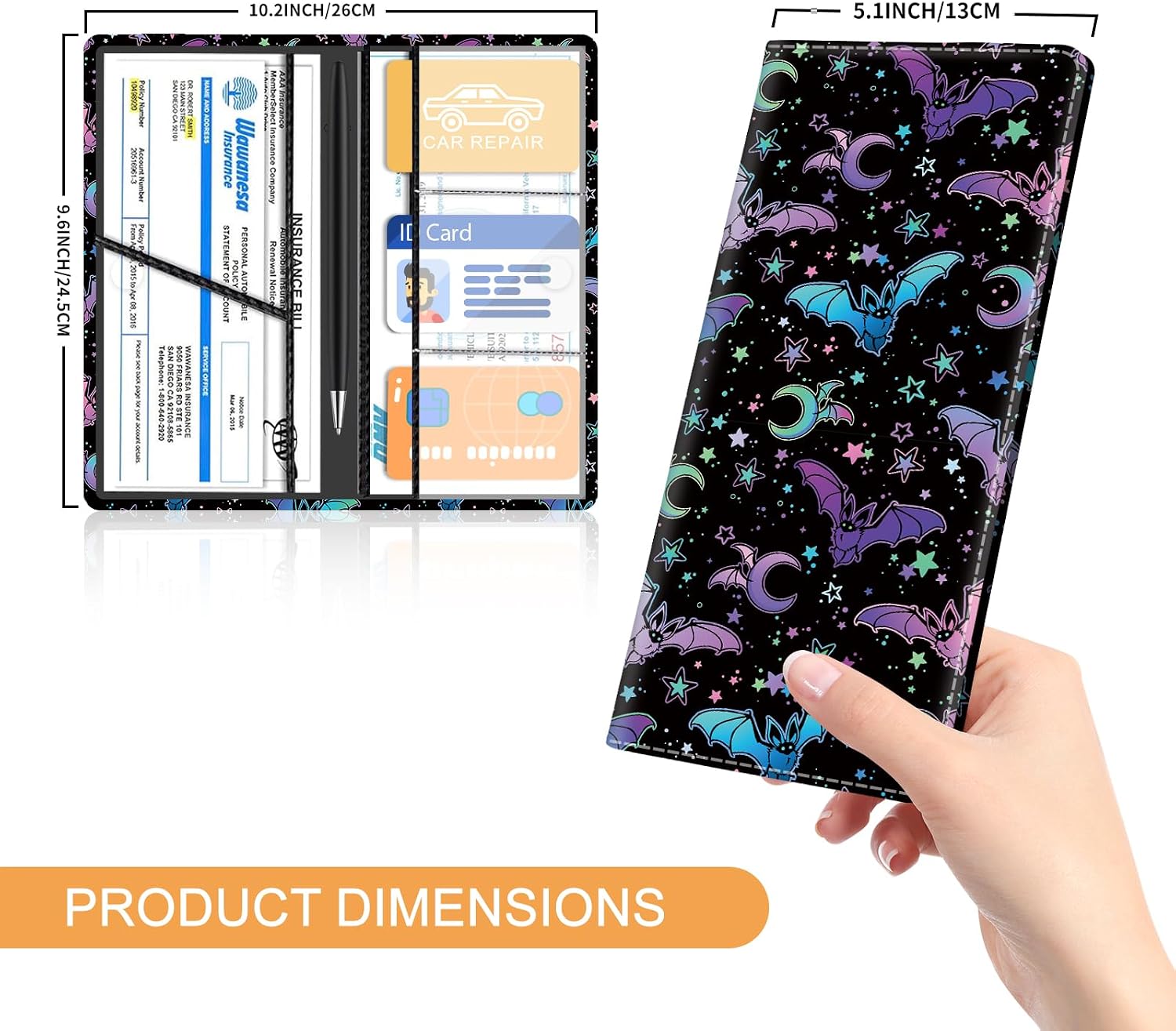 Premium Leather Car Registration and Insurance Card Holder with Magnetic Shut, Cute Vehicle License Document Glove Box Compartment Organizer Cool Car Accessories Colorful Bat Night