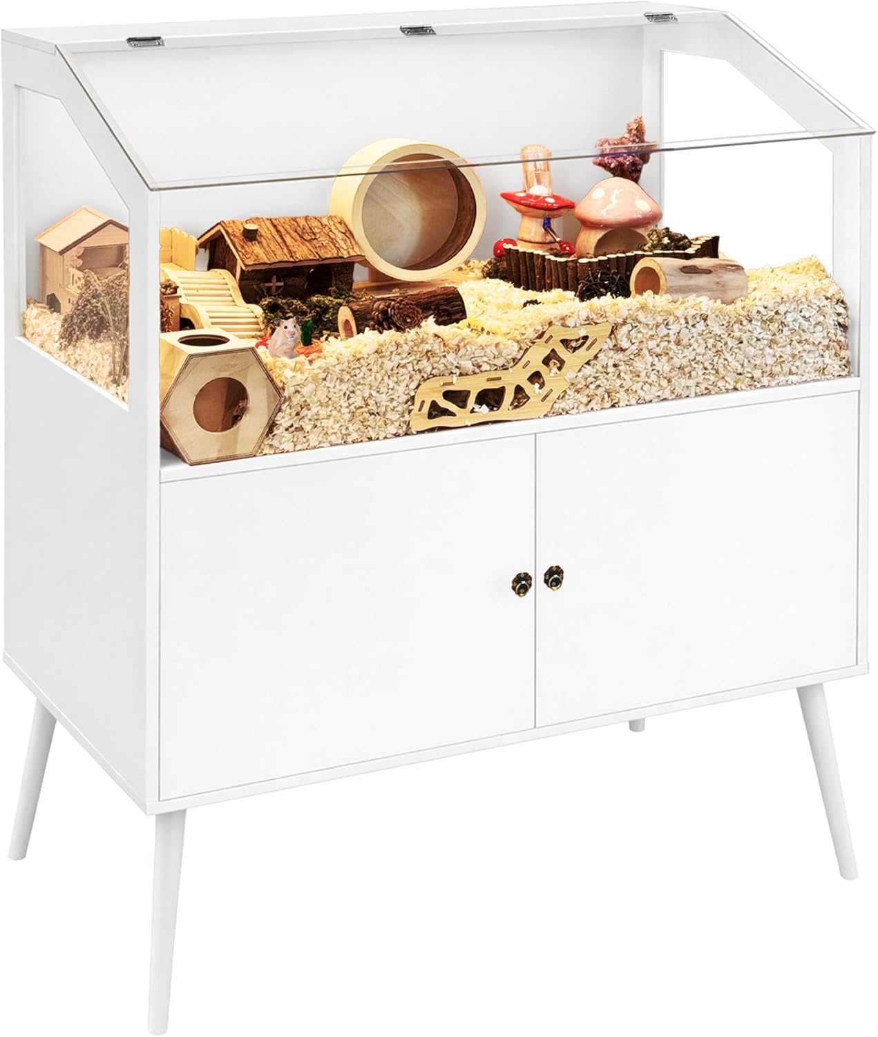 PROLEE Hamster Cage with Storage Cabinet,Large Hamster Encloure Chew Proof Wood,Clear View Hamster Habitat for Guinea Pig, Ferret, Rat, Hedgehog, 40" L x 20" W x 47" H (White)