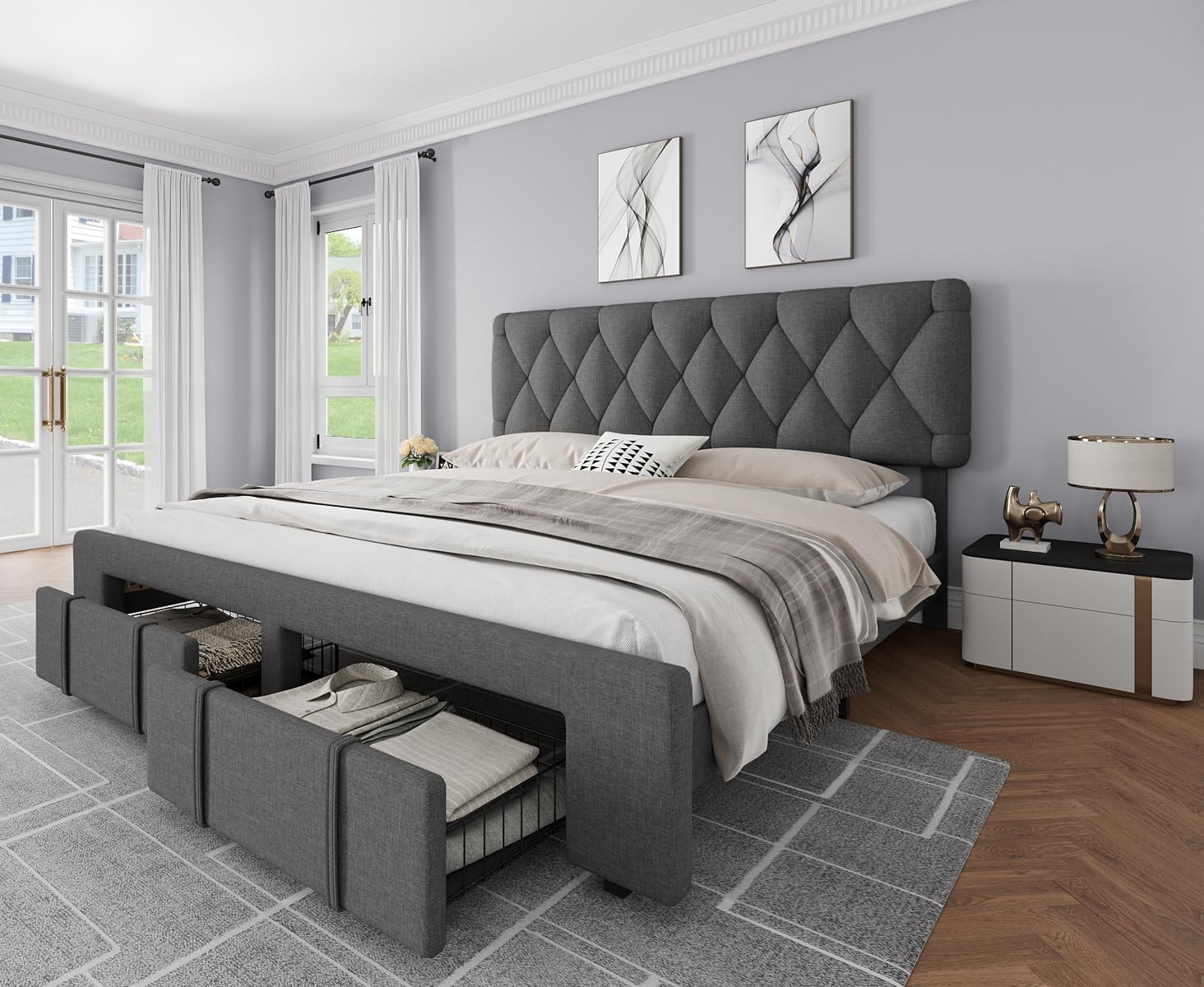 Garvee King Size Bed Frame, Upholstered Platform Bed Frame with Storage Drawers, Mattress Foundation with Solid Wooden Slats Support, No Box Spring Needed, Grey