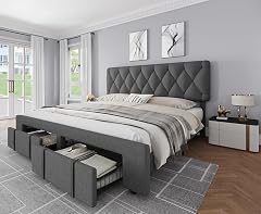 Garvee King Size Bed Frame Upholstered Platform Bed Frame with Storage Drawers Mattress Foundation with Solid Wooden Slats