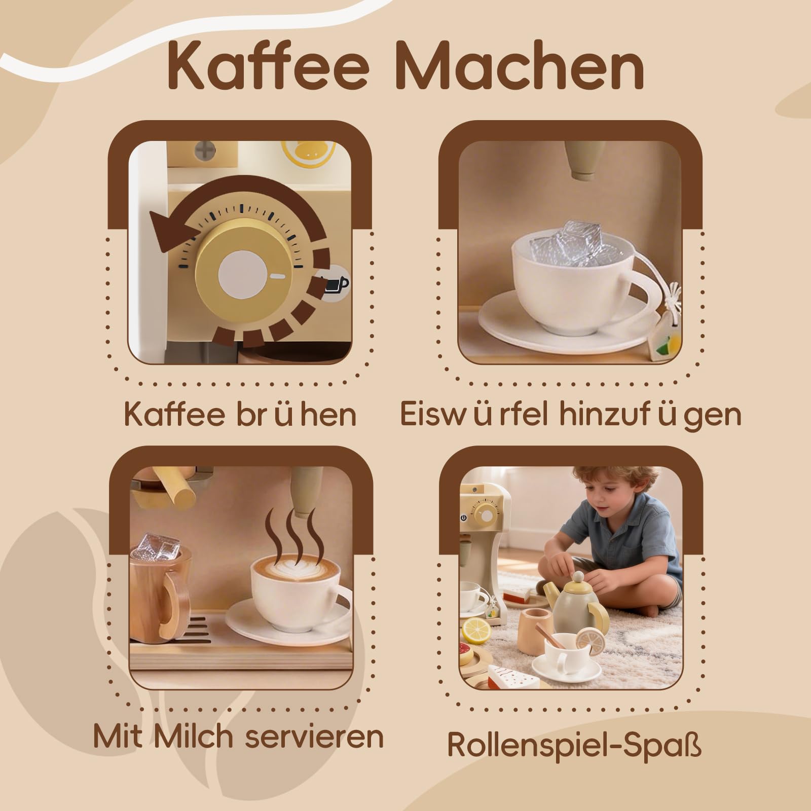 Holz Kaffeemaschine Spielzeug für Kinder, Montessori Espresso Maschine zum Rollenspiel mit Kaffeetassen und Desserts, Kinderküche Spielzeug, Geschenk für Jungen & Mädchen