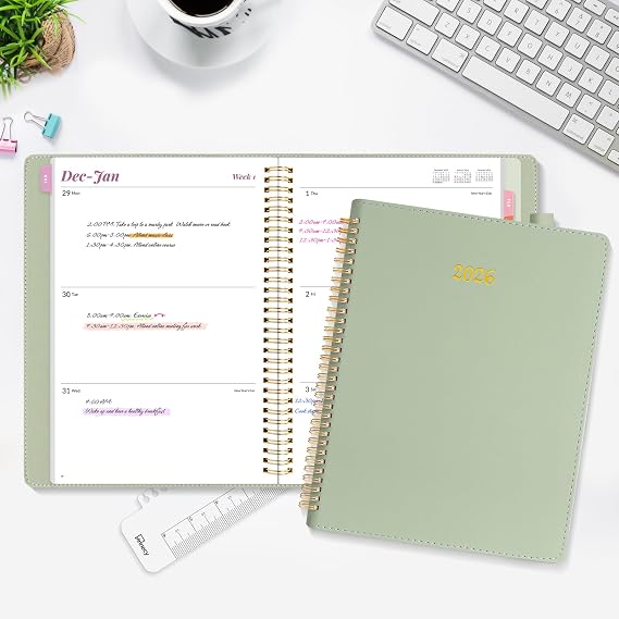 2026 Planner, Annecy Weekly & Monthly Planner 2026, Jan. 2026 Dec. 2026, 9 x 11 Monthly Agenda Planner with Tabs, Vegan Leather Cover, Spiral Binding, Double-sided Pocket, Bookmark, Green