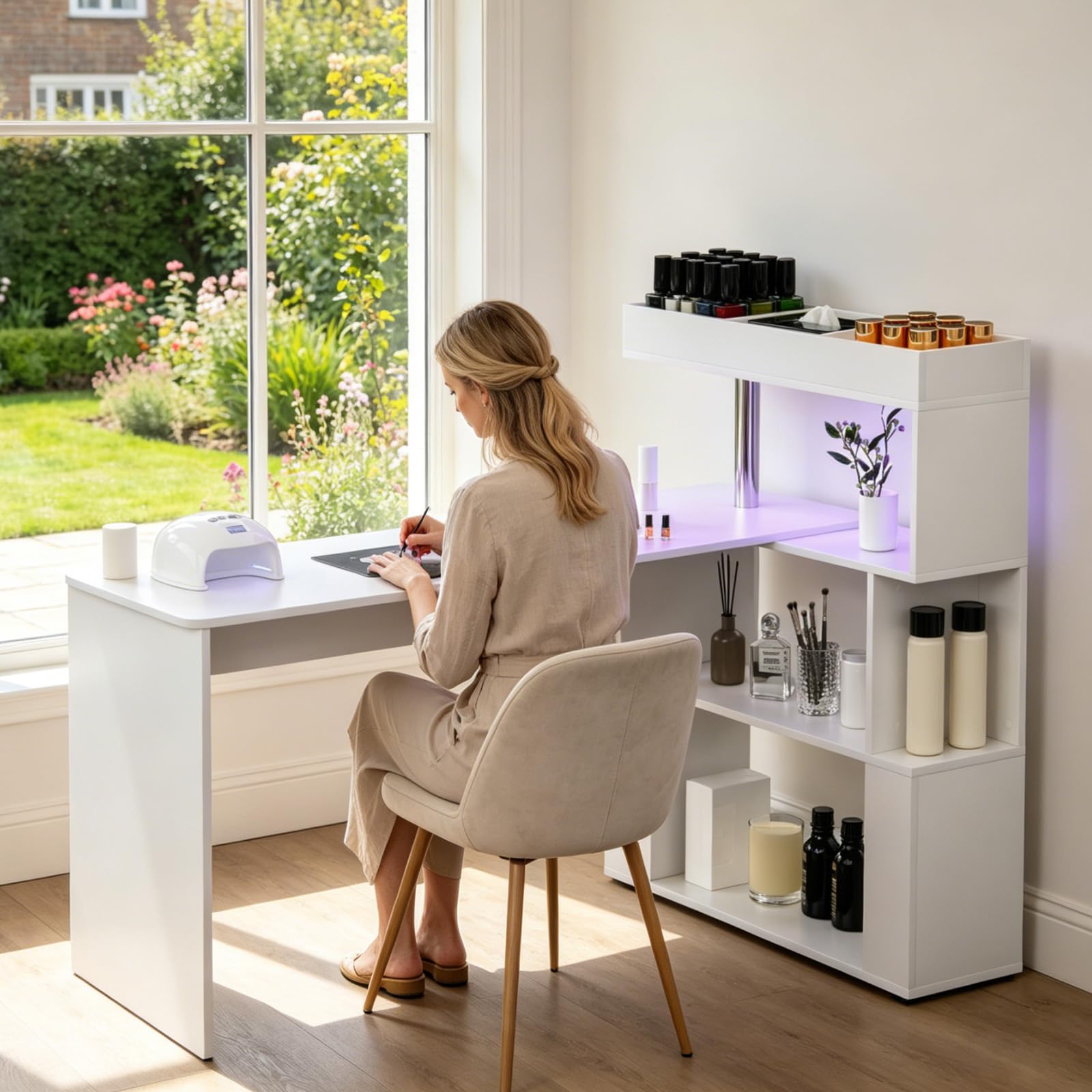 Cuute LED Manicure Table, L-Shaped Nail Tech Desk with Dust Collector, Reversible Rotating Table Built in Charging Station, Acetone Resistant Beauty Salon Station, White