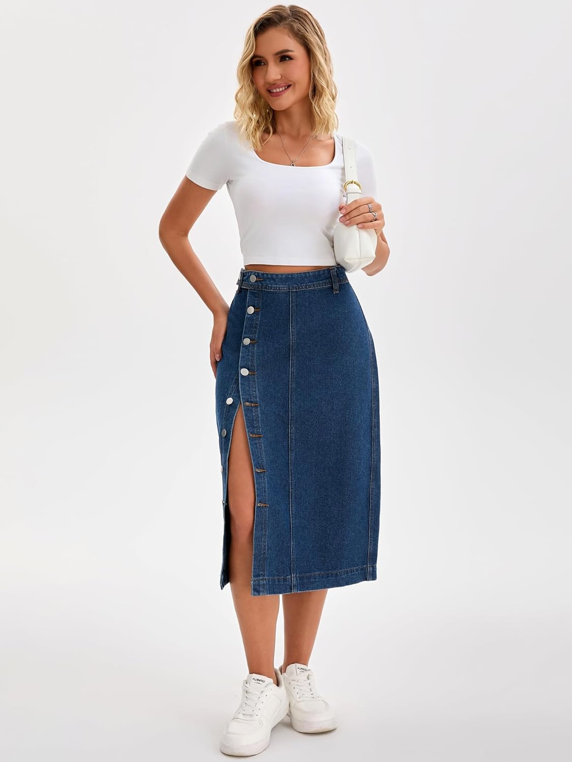 Women Denim Midi Skirt High Waisted Button Up Casual Slit Jean Skirts - Image 3